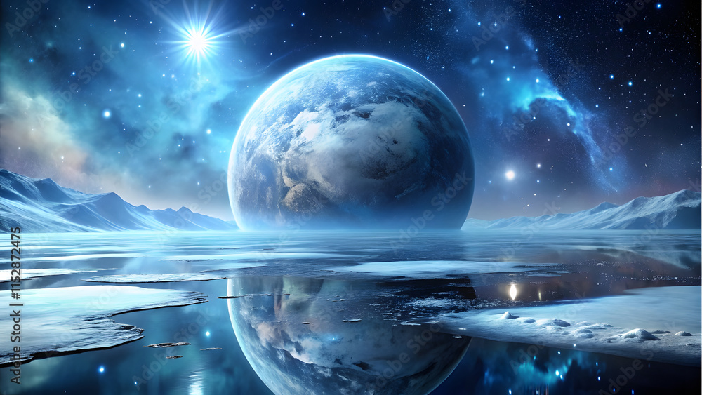 Fototapeta premium Shimmering Ice-Covered Planet with Starlight Reflection. Perfect for: Winter-Themed Events, Fantasy Gatherings, Sci-Fi Parties