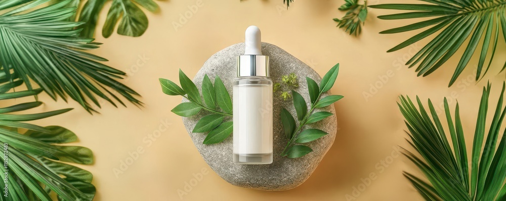 Serum bottle placed on stone surrounded by herbs, palm leaves, and cute cartoon characters, soft lighting, serum, skincare, cute decoration, product shot Serum bottle placed on stone surrounded by herbs, palm leaves, and cute cartoon characters, soft lighting, serum, skincare, cute decoration, product shot