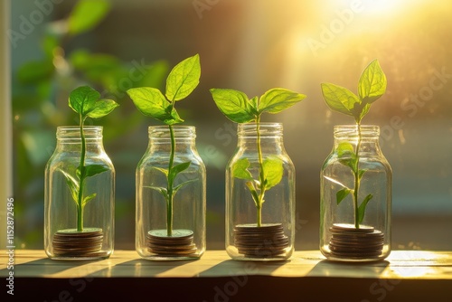 Growing plants in glass jars with coins. (4) photo