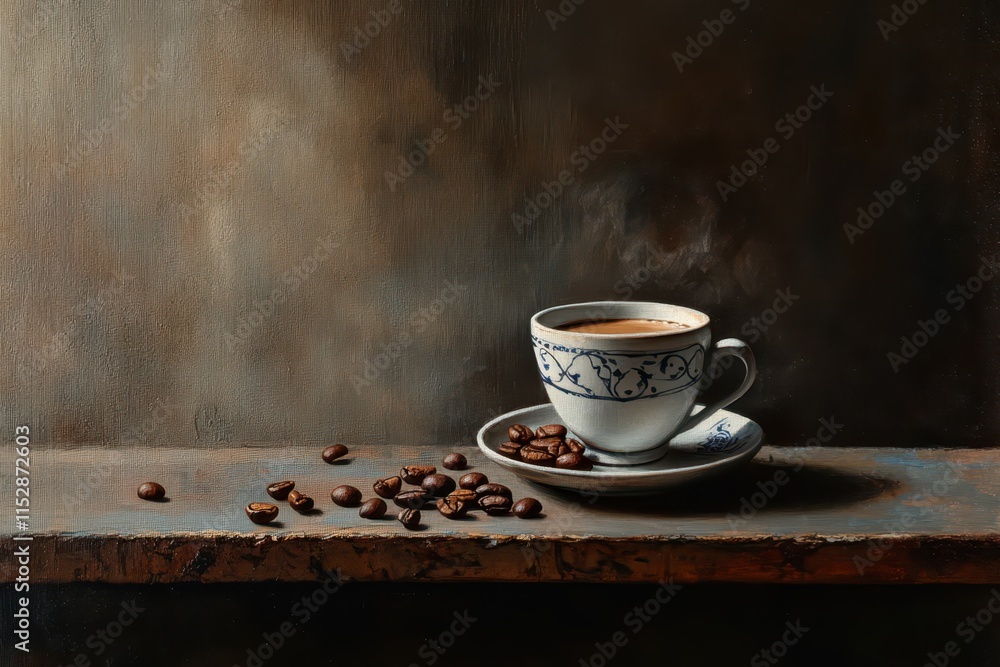 Steaming coffee cup with beans on rustic surface. Steaming coffee cup with beans on rustic surface.