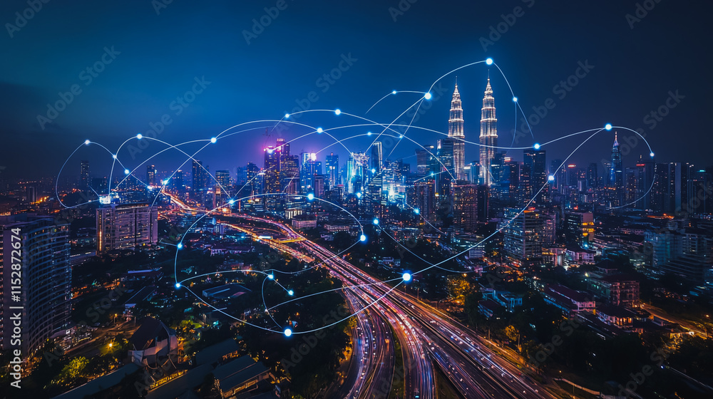 Smart digital city with connection cyber security network reciprocity over the cityscape . future smart wireless digital city and social media networking systems that connects people within the city Smart digital city with connection cyber security network reciprocity over the cityscape . future smart wireless digital city and social media networking systems that connects people within the city