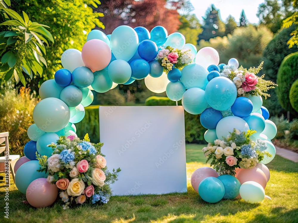 Pastel blue balloons and floral décor float elegantly around a blank sign, captured by a drone. Pastel blue balloons and floral décor float elegantly around a blank sign, captured by a drone.