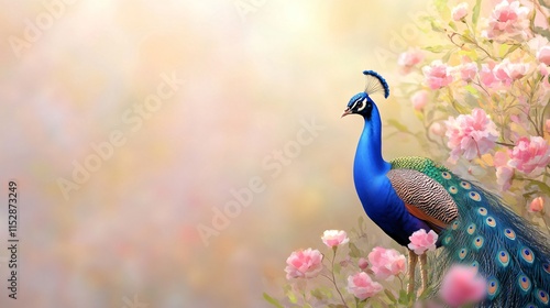 Wallpaper Mural A vibrant peacock stands elegantly among soft pink flowers, showcasing its colorful plumage against a dreamy, blurred background. Torontodigital.ca
