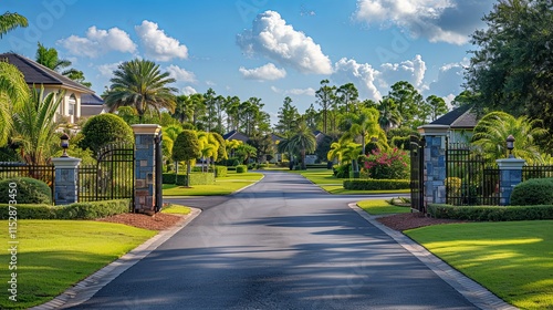 Wallpaper Mural Upscale residential neighborhood entrance with lush landscaping and gated community. Torontodigital.ca
