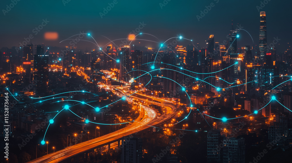Naklejka premium Smart digital city with connection cyber security network reciprocity over the cityscape . future smart wireless digital city and social media networking systems that connects people within the city