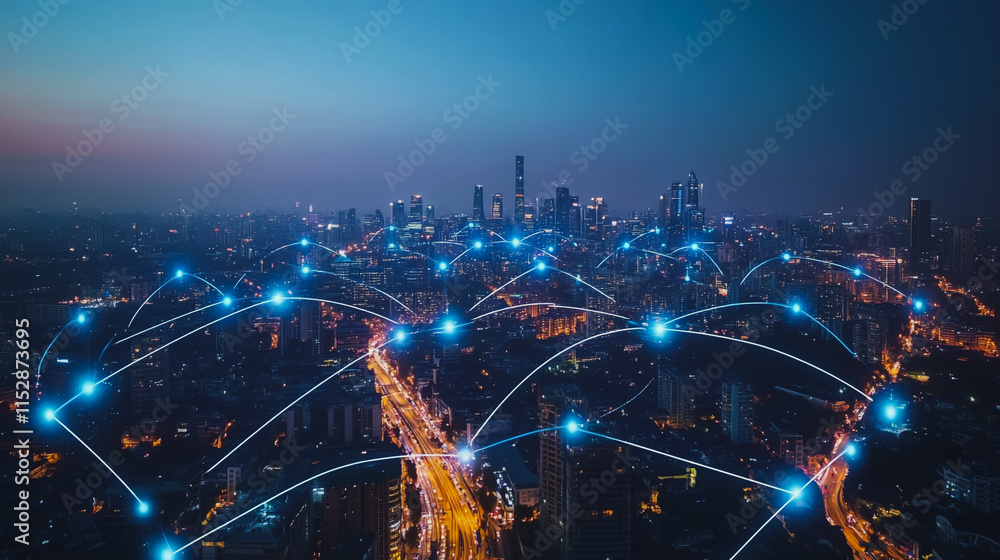 Fototapeta premium Smart digital city with connection cyber security network reciprocity over the cityscape . future smart wireless digital city and social media networking systems that connects people within the city