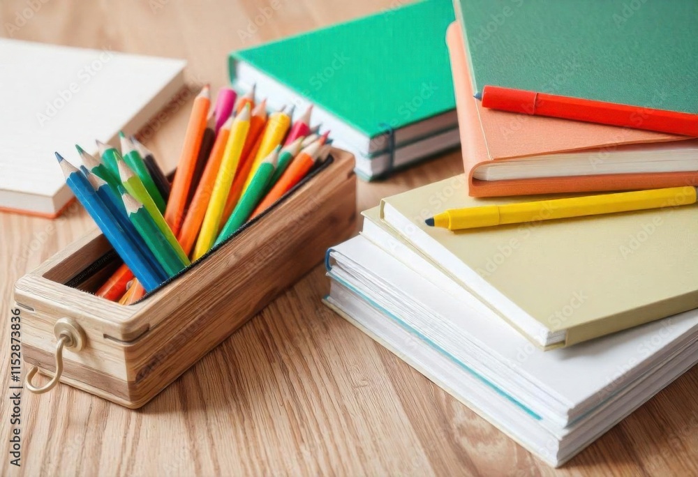 Creative atmosphere, books and notebooks, coloured pencils in a pencil case on the desk Creative atmosphere, books and notebooks, coloured pencils in a pencil case on the desk