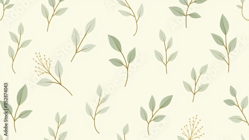 Patrón elegante con hojas minimalistas en tonos verdes y dorados sobre fondo beige mate, líneas limpias y texturas sutiles. Perfecto para proyectos modernos y ecológicos.
