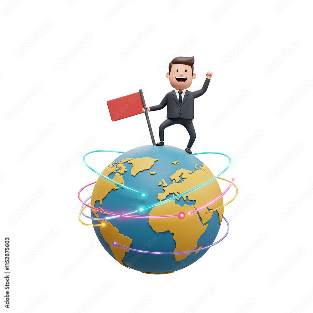 Global Business Success 3D Cartoon Businessman Celebrating on Earth Global Business Success 3D Cartoon Businessman Celebrating on Earth