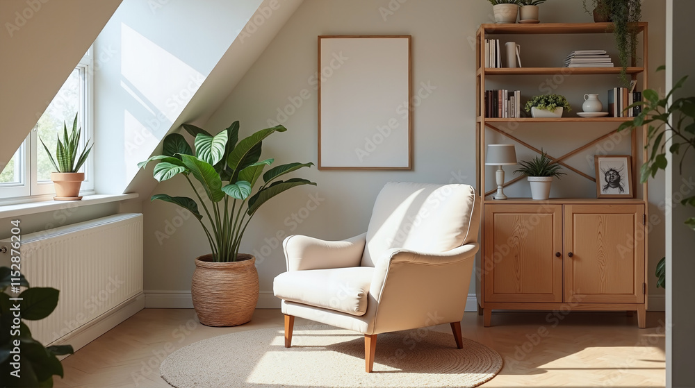 Fototapeta premium Cozy Scandinavian-style Living Room with Natural Light and Indoor Plants