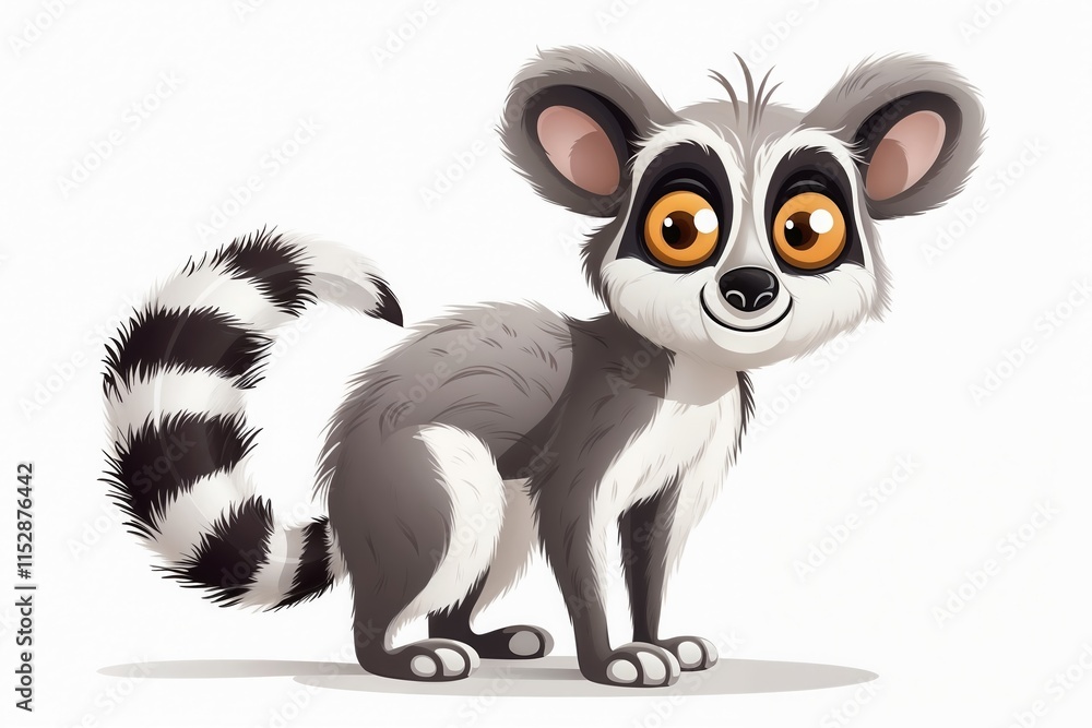 Obraz premium Lemur with Orange Eyes, Gray Fur, and Striped Tail, Isolated on White Background.Children's books, adventure illustrations, wildlife-themed educational content, playful character design.