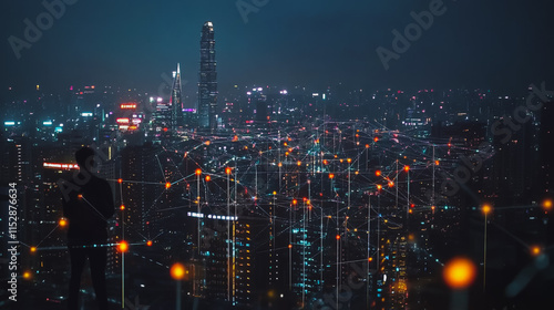 Wallpaper Mural Smart digital city with connection cyber security network reciprocity over the cityscape . future smart wireless digital city and social media networking systems that connects people within the city Torontodigital.ca