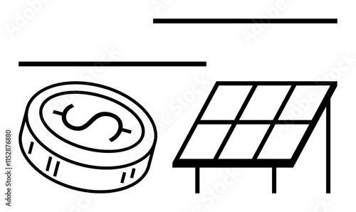 Coin with dollar sign near solar panel. Ideal for renewable energy, sustainable investments, green technology, cost-saving, financial planning, clean energy, eco-friendly solutions. Line metaphor photo