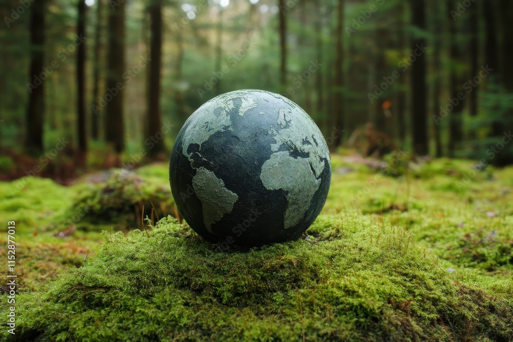 Stone globe on mossy forest ground. Stone globe on mossy forest ground.