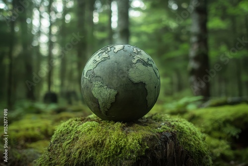 Earth globe on mossy forest stump. (1) photo