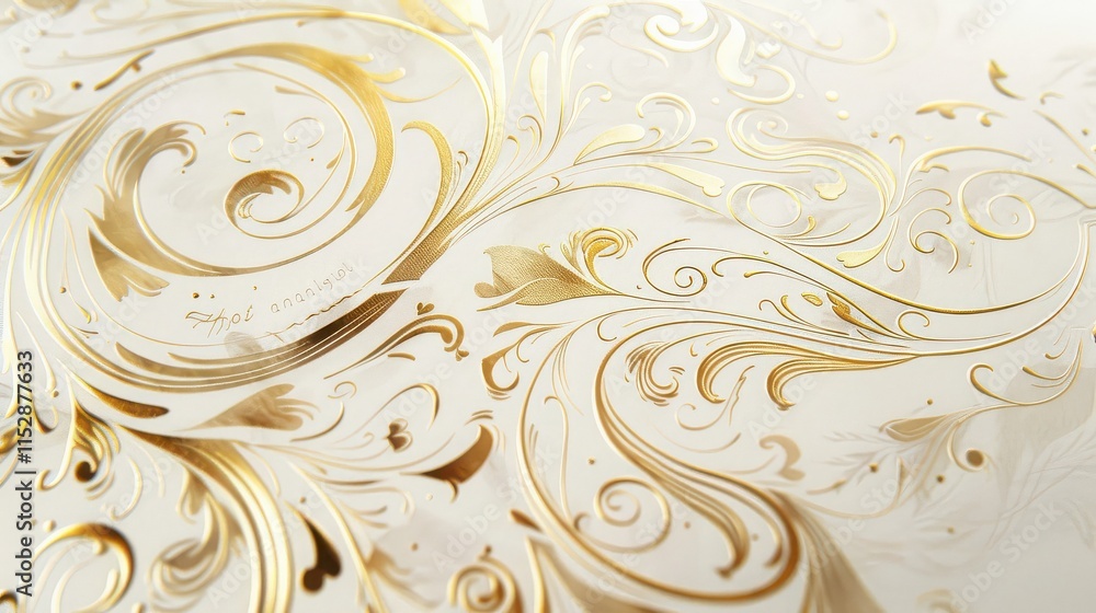 A calligraphy design of a wedding invitation with elegant swirls and flourishes in gold ink A calligraphy design of a wedding invitation with elegant swirls and flourishes in gold ink