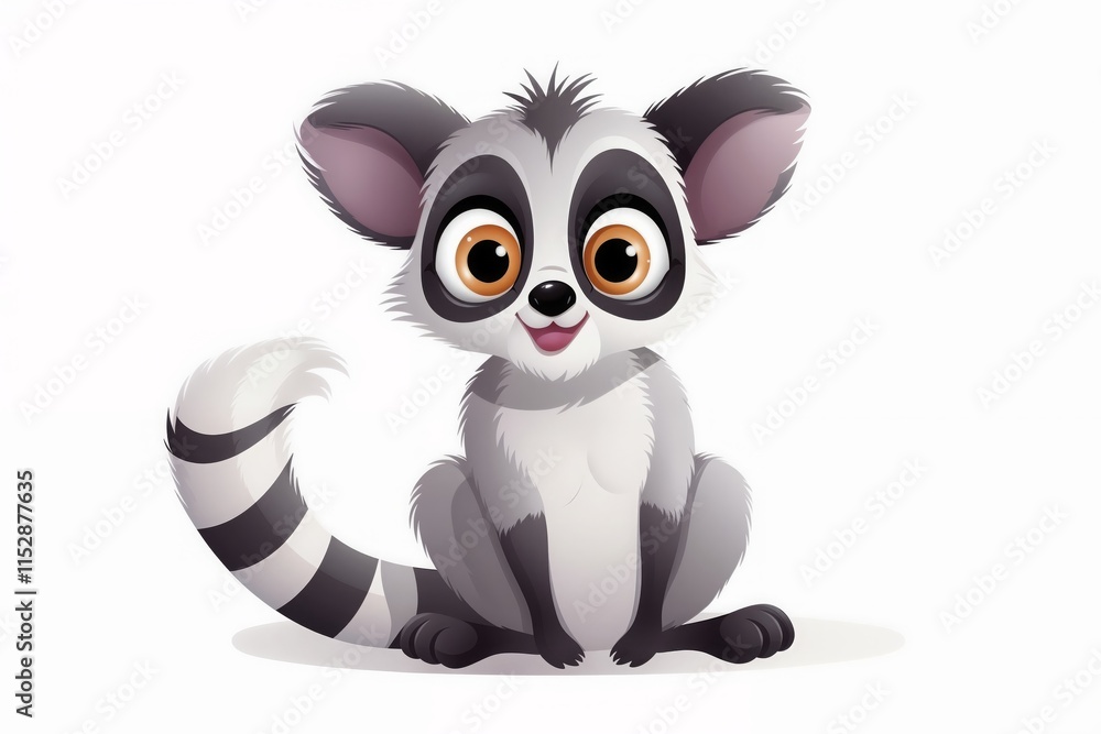 Obraz premium Cartoon lemur with big round eyes, grey and white fur, and striped tail isolated on white background.Children’s books, jungle adventure stories, wildlife illustrations, animal-themed educational mater