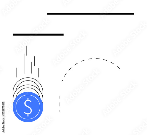 Blue dollar coin moving with motion lines, black horizontal lines, dotted curved path. Ideal for financial growth, savings, investment, economic dynamics, cost reduction budgeting concepts. Line