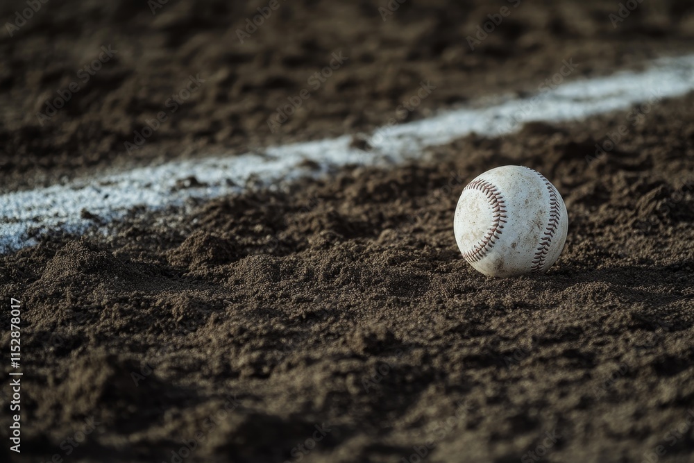 Baseball resting on the infield dirt near the foul line. Baseball resting on the infield dirt near the foul line.