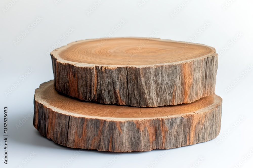 Two stacked natural wood slices on white background. Two stacked natural wood slices on white background.