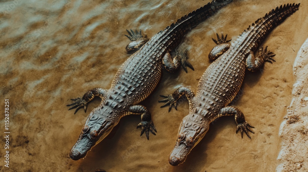 Two Crocodiles Resting on the Riverbank in a Natural Habitat, Showcasing Their Scales and Strong Bodies Under Natural Lighting in a Calm Environment Two Crocodiles Resting on the Riverbank in a Natural Habitat, Showcasing Their Scales and Strong Bodies Under Natural Lighting in a Calm Environment