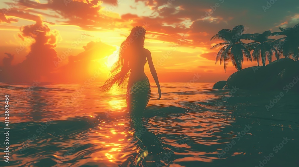 A beautiful mermaid swims in the ocean at sunset. The sun's rays shimmer on her scales. A beautiful mermaid swims in the ocean at sunset. The sun's rays shimmer on her scales.