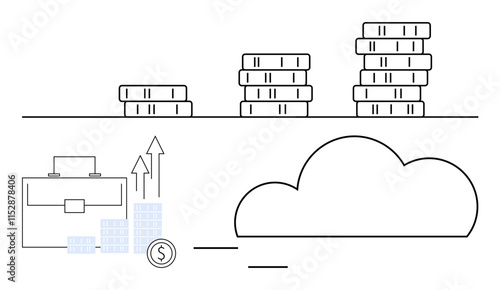 Stacked coins indicate varying levels of wealth, briefcase with charts and coins illustrates business growth, cloud symbol suggests cloud computing. Ideal for finance, business planning, investment