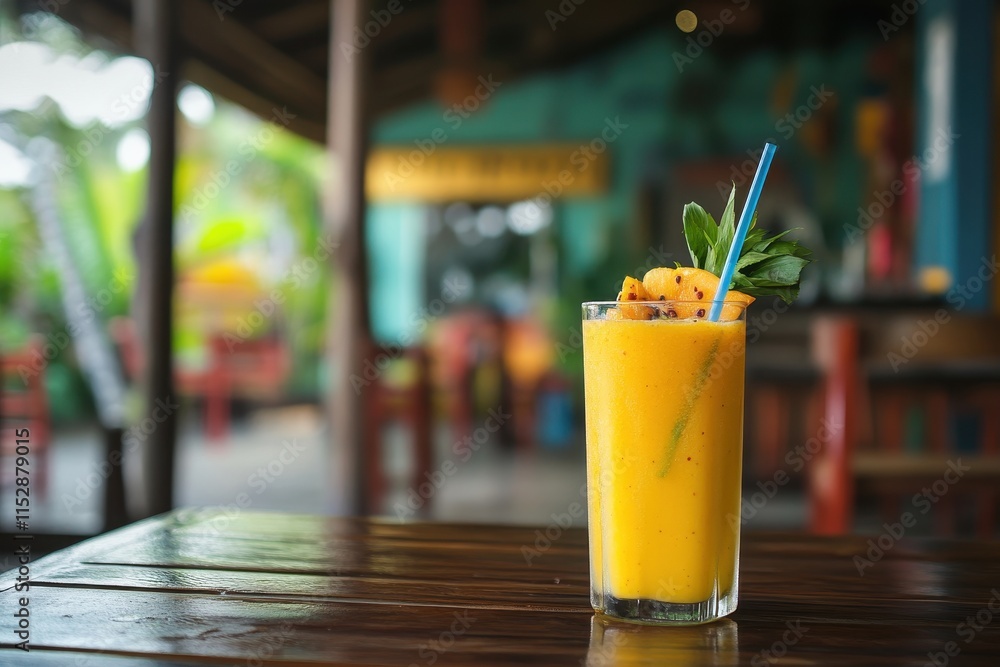 Refreshing mango smoothie in a glass on wooden table. Refreshing mango smoothie in a glass on wooden table.