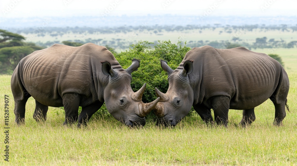 Fototapeta premium Two Majestic Black Rhinos Engaging in a Gentle Headbutt on a Vibrant Green Savannah Landscape with Rolling Hills and a Lush Background Under a Clear Blue Sky