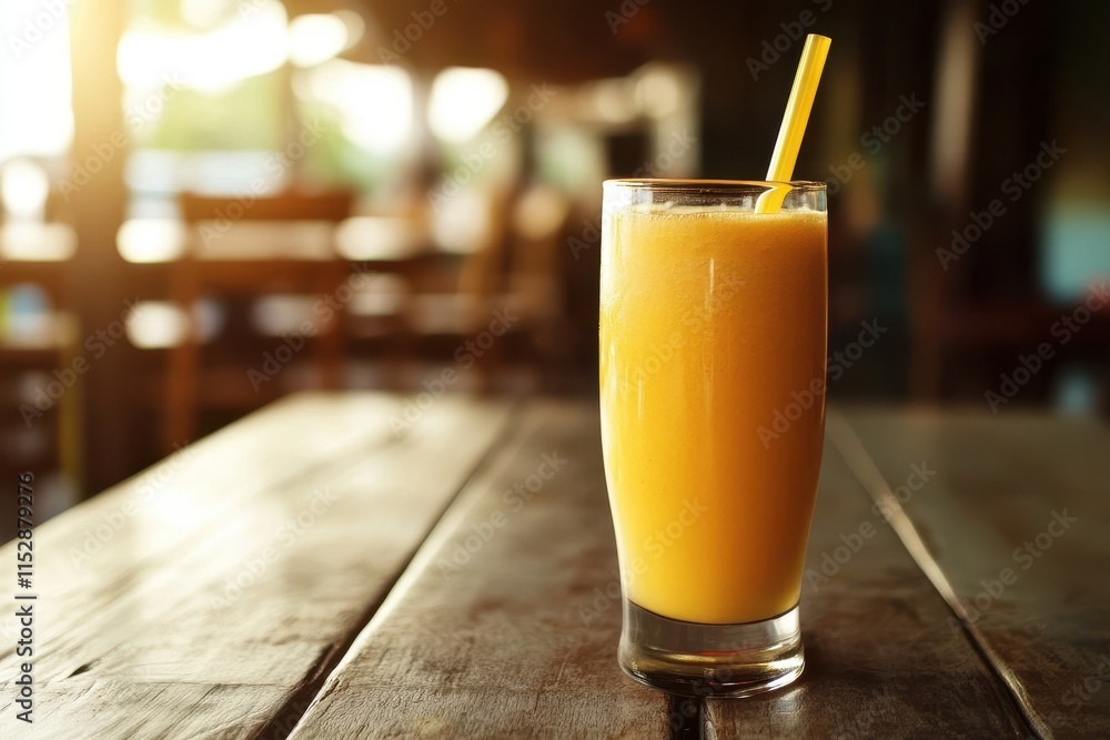 Refreshing orange juice in glass on wooden table. Refreshing orange juice in glass on wooden table.