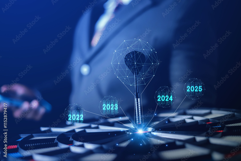 Obraz premium Future trends in business investment in 2025, annual target setting showing results of analysis of impacts, profits, and investment balance of the organization.