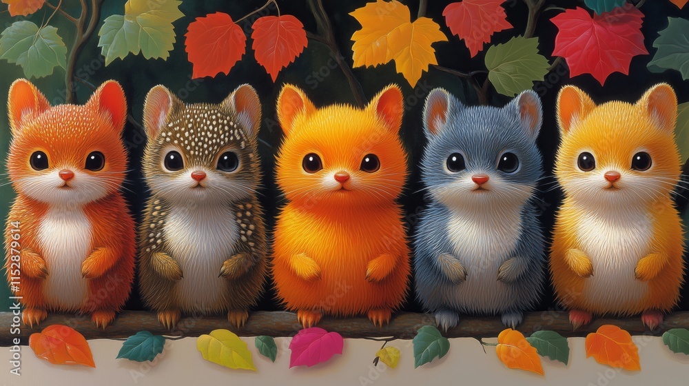Obraz premium Five Fluffy Creatures Playfully Posing Among Autumn Leaves