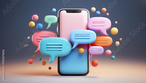 A colorful smartphone surrounded by various speech bubbles, symbolizing communication and digital interaction.