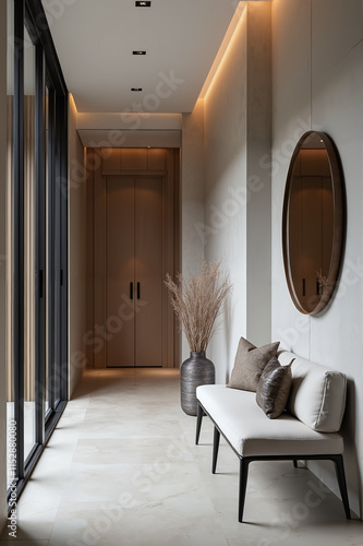 Elegant Modern Entryway in Warm Tones Showcasing Minimalist Design Against Floor-to-Ceiling Windows