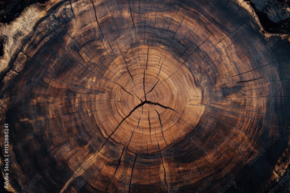 Close-up of a dark brown tree stump cross-section, showing concentric rings and cracks. Close-up of a dark brown tree stump cross-section, showing concentric rings and cracks.