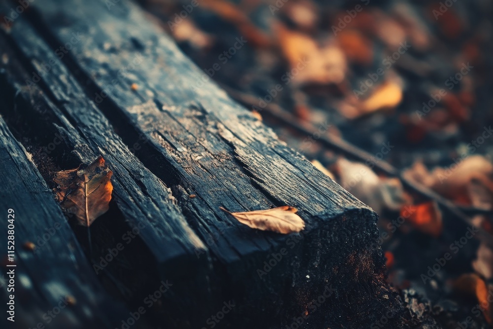 Close-up of dark, weathered wood with autumn leaves. Close-up of dark, weathered wood with autumn leaves.