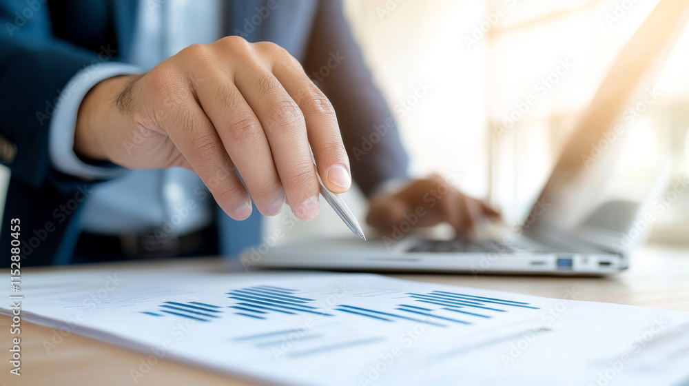Fototapeta premium A professional man is analyzing financial data on document while using laptop, showcasing focused and determined approach to business