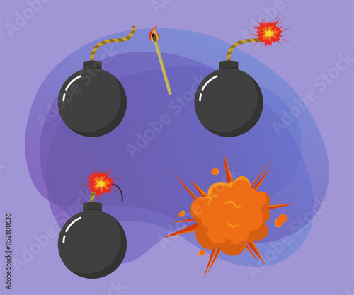 Bomb burning and exploding vector illustrations set. Cartoon drawings of match, bomb with burning fuse, fire, boom on abstract background. Explosion, weapon, danger concept