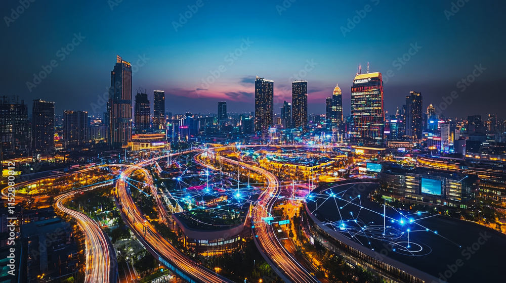 Obraz premium Smart digital city with connection cyber security network reciprocity over the cityscape . future smart wireless digital city and social media networking systems that connects people within the city