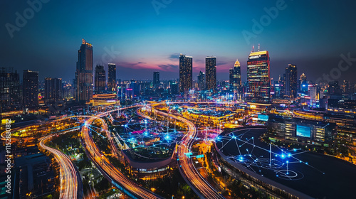 Wallpaper Mural Smart digital city with connection cyber security network reciprocity over the cityscape . future smart wireless digital city and social media networking systems that connects people within the city Torontodigital.ca