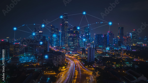 Wallpaper Mural Smart digital city with connection cyber security network reciprocity over the cityscape . future smart wireless digital city and social media networking systems that connects people within the city Torontodigital.ca