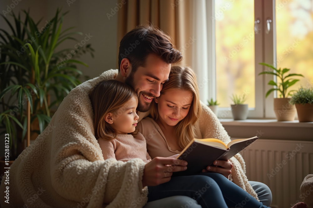 Family with Cozy Contentment Reading Together by Sunlit Window Family with Cozy Contentment Reading Together by Sunlit Window