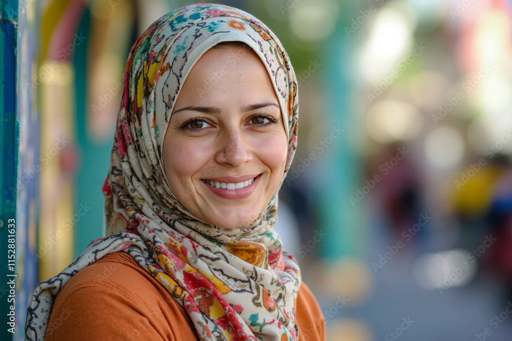 A woman wearing a headscarf smiles at the camera A woman wearing a headscarf smiles at the camera