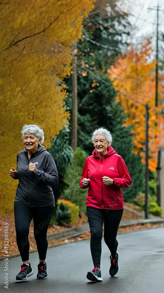Senior women enjoy jogging in a vibrant autumn park surrounded by colorful foliage and trees Senior women enjoy jogging in a vibrant autumn park surrounded by colorful foliage and trees