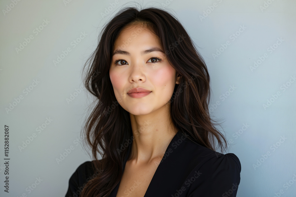 A woman with long dark brown hair wearing a black blazer A woman with long dark brown hair wearing a black blazer