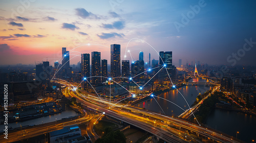 Wallpaper Mural Smart digital city with connection cyber security network reciprocity over the cityscape . future smart wireless digital city and social media networking systems that connects people within the city Torontodigital.ca