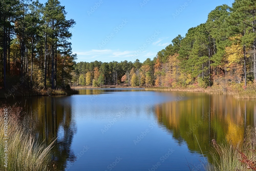 Calm lake reflecting autumn foliage. Calm lake reflecting autumn foliage.