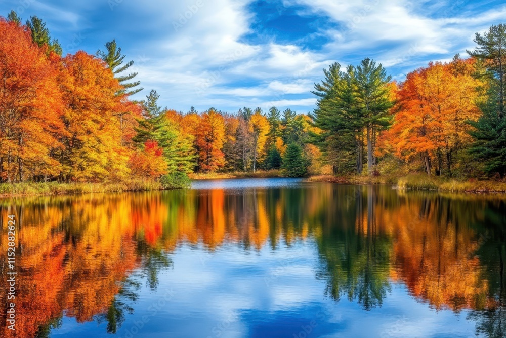 Vibrant autumn foliage reflected in a calm lake. Vibrant autumn foliage reflected in a calm lake.