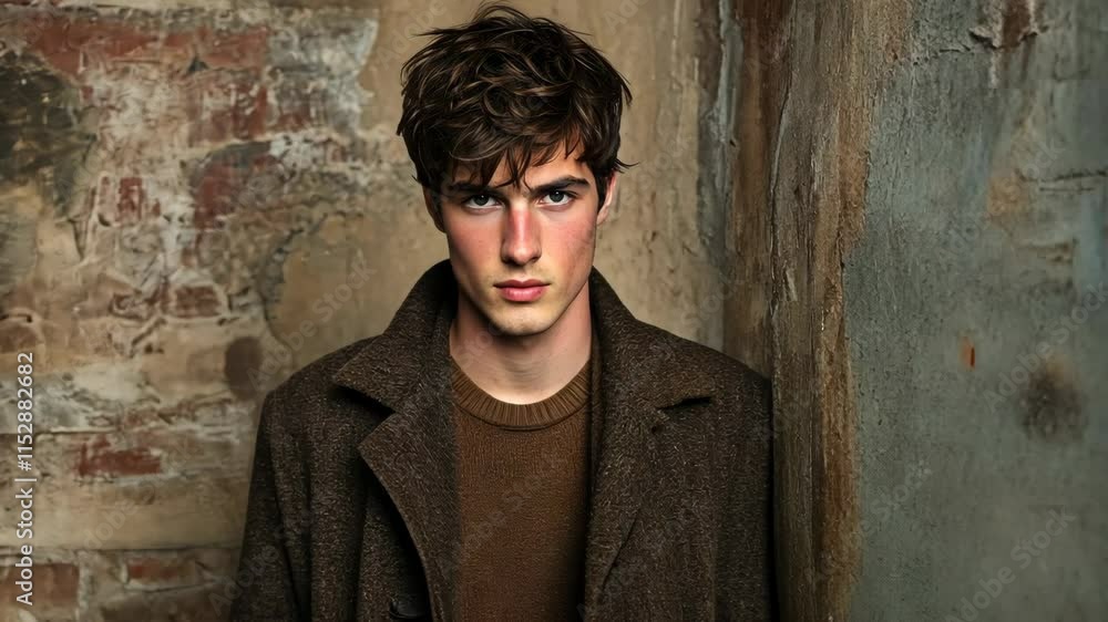 Young man poses against a textured wall reflecting urban art and gritty style in an outdoor setting Young man poses against a textured wall reflecting urban art and gritty style in an outdoor setting