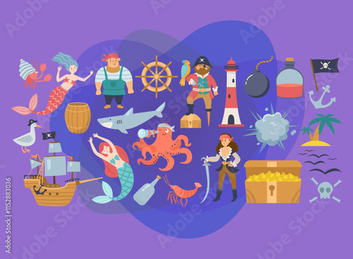 Comic sea adventures elements vector illustrations set. Drawings of pirate and mermaid characters, ship, lighthouse, treasure chest, island, flag on abstract background. Fairytale, adventure concept